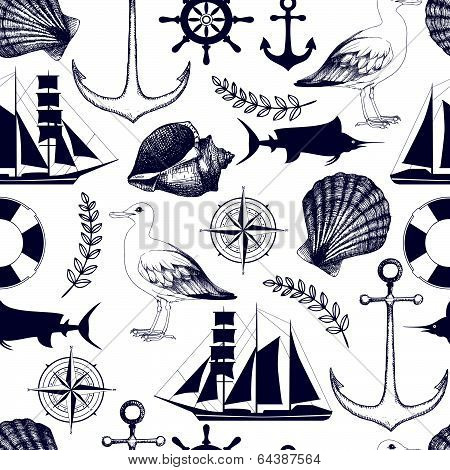 Vector seamless pattern with decorative sea elements