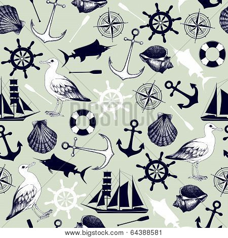 Vector seamless pattern with decorative sea elements