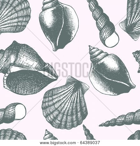 Hand drawn seamless pattern with sea shell