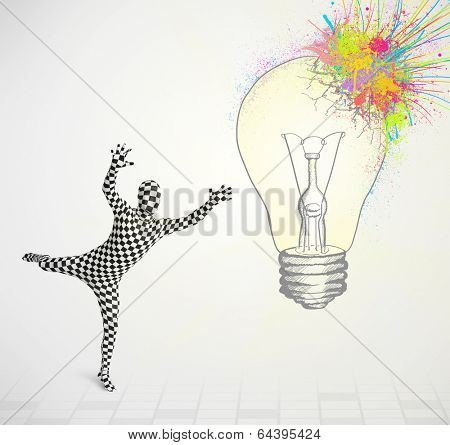 3d human character is body suit morphsuit looking at abstract colorful lightbulb