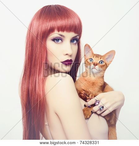 Beautiful Lady With Abyssinian Cat
