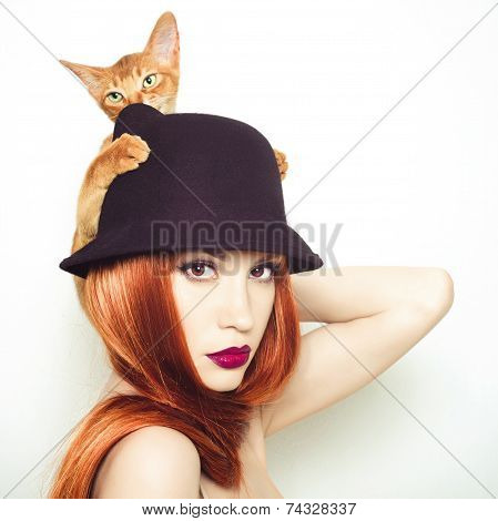 Beautiful Lady With Abyssinian Cat