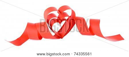 Heart shaped red paper ribbon isolated on white