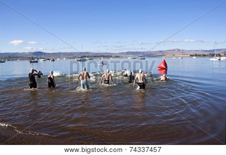 Participants Starting The Swimming Leg Of Triathlon On Midmar Dam