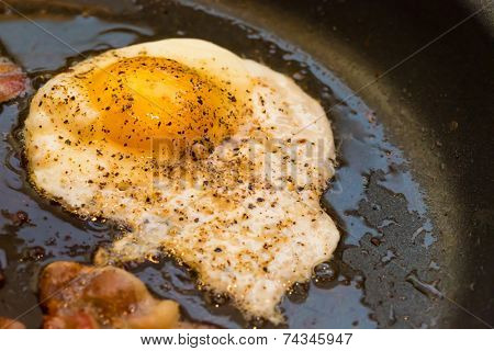 Greasy fried egg covered in pepper and in a frying pan with bacon.