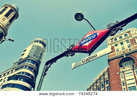 detail of the sign of Callao metro station in Madrid, Spain, with a retro effect