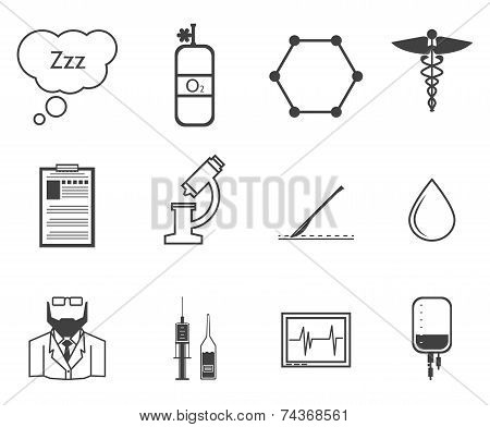 Black vector icons for anesthesiology