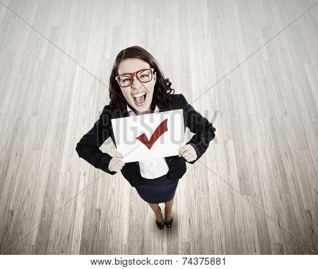 Top view of businesswoman holding white banner with red tick