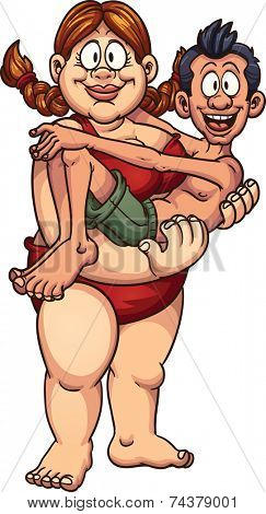 Fat woman carrying a thin man in a swimsuit. Vector clip art illustration with simple gradients. All in a single layer.