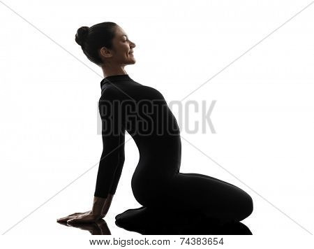 one  woman contortionist practicing gymnastic yoga in silhouette on white background