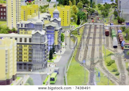 model of railroad station. railroad trains buildings and other constructions