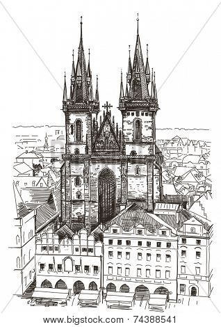 Vector drawing of Church Our Lady before Tyn in Prague, Czech Republic