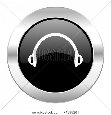 headphones black circle glossy chrome icon isolated 