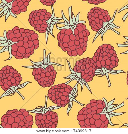 Ripe Raspberry Seamless Pettern  On Oranje Background.