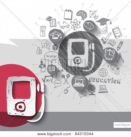 Paper and hand drawn walkman emblem with icons background