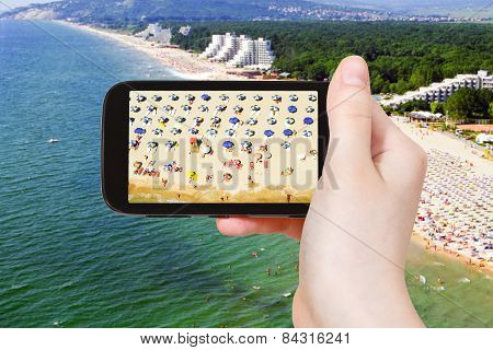 Tourist Taking Photo Aerial View Of Albena Beach