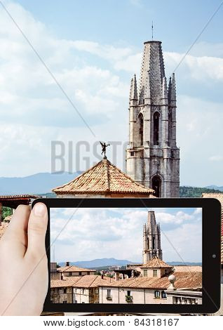 Taking Photo Of Collegiate Church Of Sant Feliu