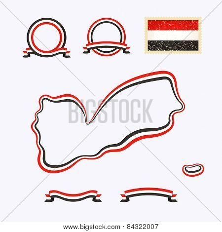 Outline map of Yemen. Border is marked with ribbon in national colors. The package contains frames in national colors and stamp with flag.