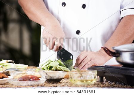 Chef Chopping Vegetable Before Cooking Noodle