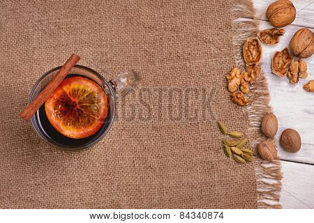 Mulled Wine, Punch And Spices For Glintwine On Wooden Background