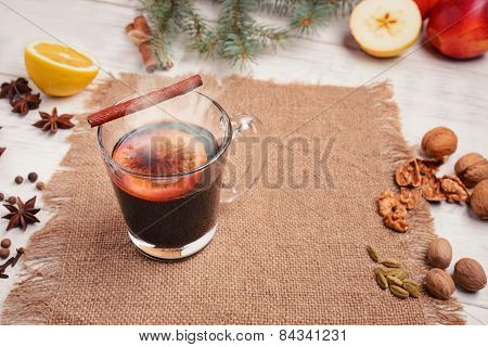 Mulled Wine, Punch And Spices For Glintwine On Wooden Background