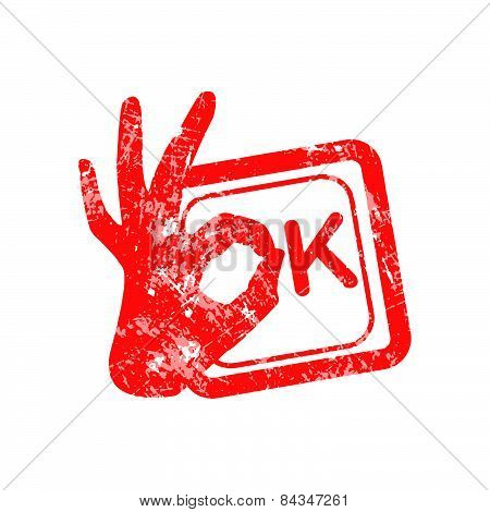 Ok red grunge rubber stamp with the hand sign in stead of the O position