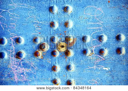 Pink Paint In   Blue Wood Door And Rusty Nail