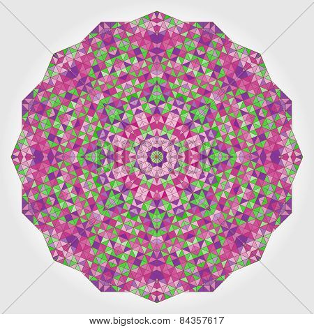 Abstract Colorful Circle Backdrop. Vector Mosaic Round Banner Of Pink Green Color Geometric Shapes