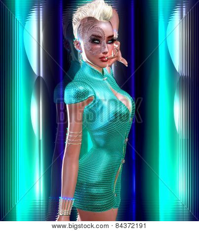 Dragon tattoo sci fi girl with futuristic outfit, Mohawk hairstyle