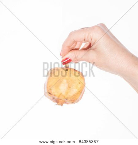 Hand with pomegranate isolated on white background
