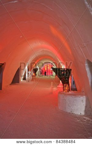 Colorfully Illuminated Corridor In An Ice Hotel.