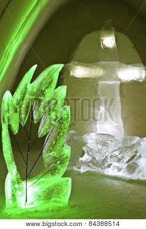 Colorfully Illuminated Corridor In An Ice Hotel.