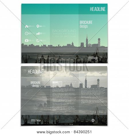 Shipyard and city landscape. Brochure, tri-fold flyer or booklet for business. Modern trendy design