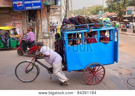 Delhi, India - November 5: Unidentified Kids Take Cycle Rickshaw To School On November 5, 2014 In De