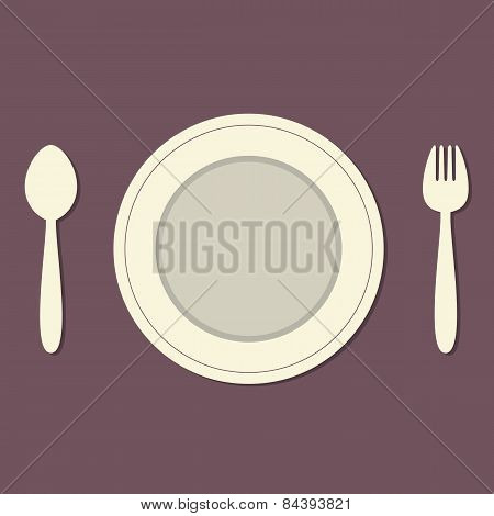 Empty Plate With Spoon And Fork Vintage Style.