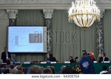 ST. PETERSBURG, RUSSIA - JUNE 22, 2015: Plenary thesis of Nobel Prize Laureate in physics Steven Chu during Saint Petersburg scientific forum 