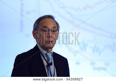 ST. PETERSBURG, RUSSIA - JUNE 22, 2015: Plenary thesis of Nobel Prize Laureate in physics Steven Chu during Saint Petersburg scientific forum 