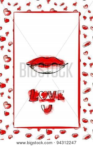 Gift card design with hearts, flower and kisses, Love You.
