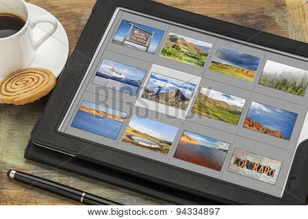 reviewing image library (grid of thumbnails) on a digital tablet computer - colorful Colorado, lakes and mountains, all displayed pictures copyright by the photographer