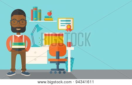 An african student or lecturer standing carrying a stack of books inside his office. A Contemporary style with pastel palette, soft green tinted background. Vector flat design illustration. Horizontal