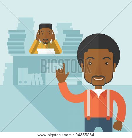 A black office clerk has a lot of works to do with those papers in front of him, problem on how to meet the deadline of his report. Disappointment concept. A Contemporary style with pastel palette