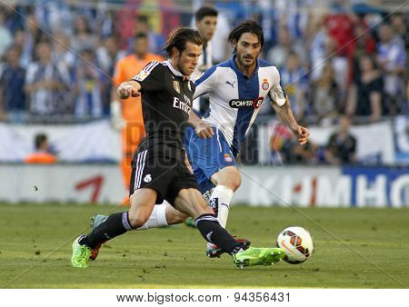 BARCELONA - MAY 17: Gareth Bale of Real Madrid during a Spanish League match against RCD Espanyol at the Power8 stadium on May 17 2015 in Barcelona, Spain