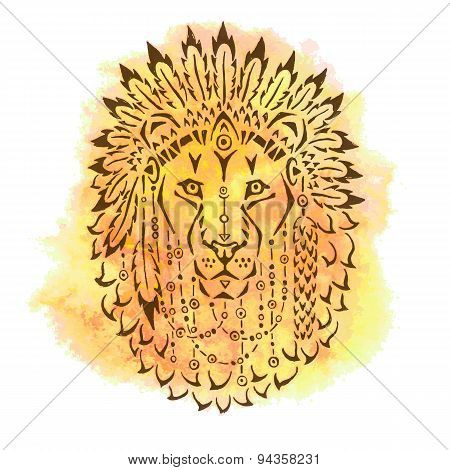 Lion in war bonnet, hand drawn animal illustration