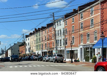 PORTSMOUTH, NH, USA - AUG. 18, 2014: Market Street is an 18th-century commercial path connect waterfront area in downtown Portsmouth, New Hampshire, USA.