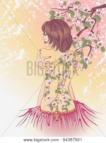 Girl With A Bodypainting Cherry Branch