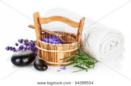 Spa still life with lavender saltl isolated on white background