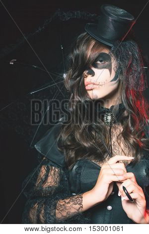 Fashion girls celebrating Halloween 2016. Haloween costumes. Masquerade party