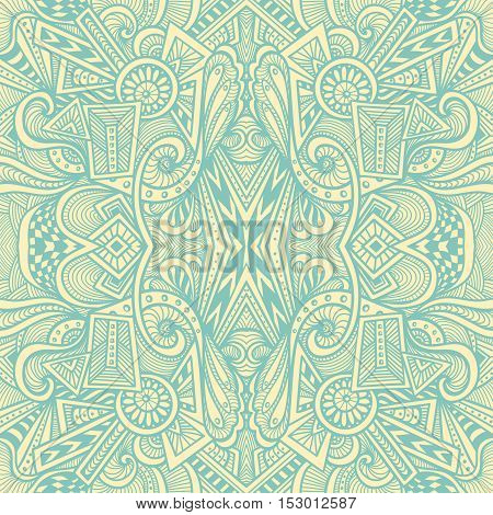 Abstract seamless pattern  in  Zen tangle or Zen doodle style  in beige light blue for wallpaper or  for packed something or for clothes or for cosmetic perfume or for web or for  techno background