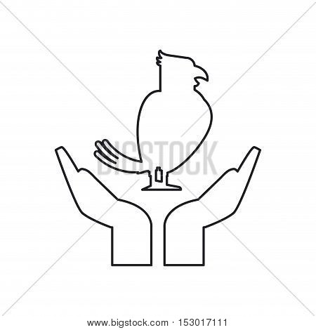 Bird over hands icon. Pet animal domestic and care theme. Isolated design. Vector illustration