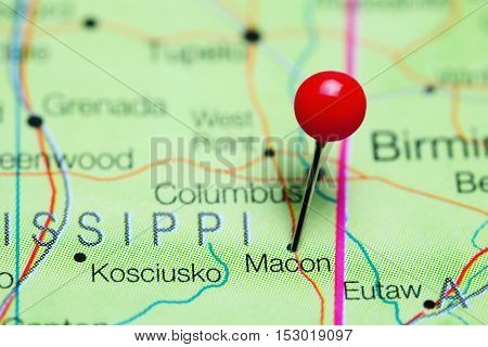 Macon pinned on a map of Mississippi, USA